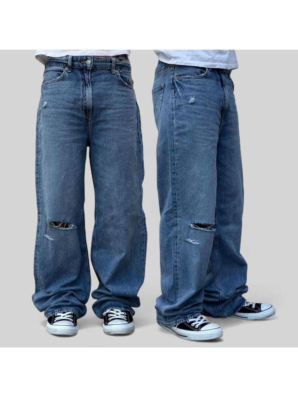 H&M Baggy Wide Leg Distressed Jeans Blue Denim High Waisted Y2K Skater